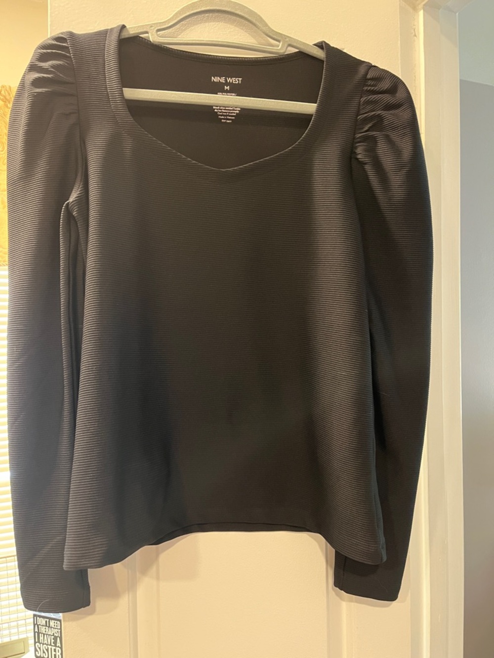 Nine West Black Long-Sleeve Scoop Neck Top with Puff Shoulders